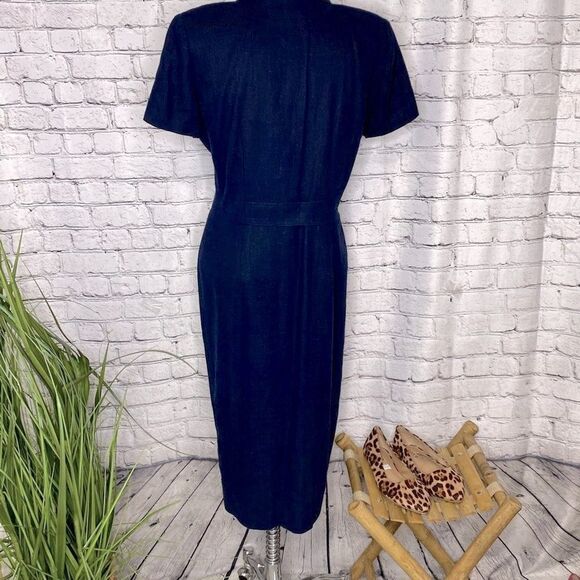 Maggy London Womens Linen Blend Button Front Collared Midi Linen Shift Dress Nav - Picture 4 of 13